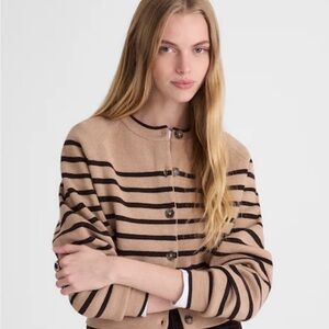 Raglan-Sleeve Cropped Cardigan in Merino Wool  striped black and beige Small